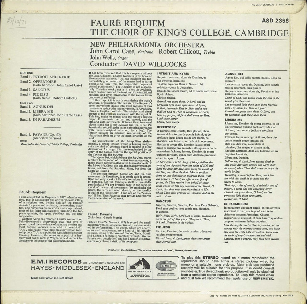 The Choir Of King's College, Cambridge Fauré: Requiem - 2nd UK vinyl LP album (LP record)
