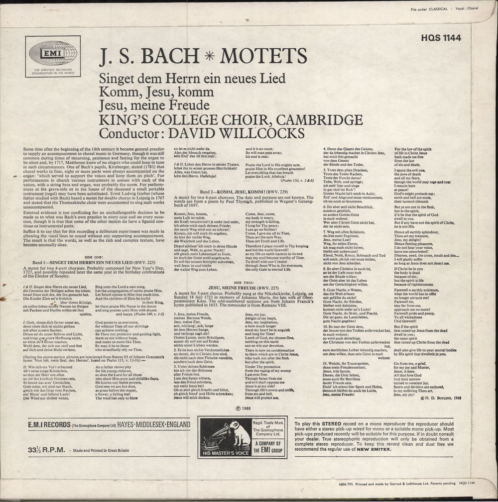 The Choir Of King's College, Cambridge J.S. Bach: Motets UK vinyl LP album (LP record)