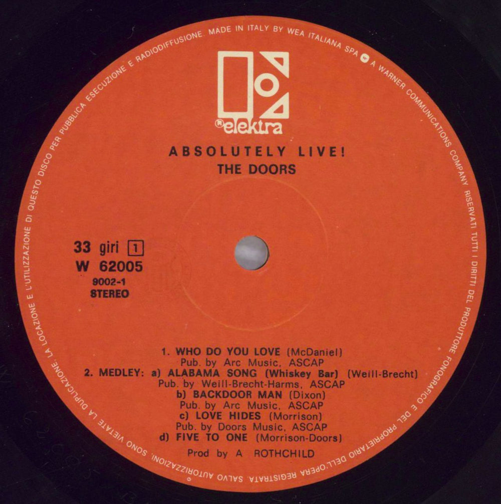 The Doors Absolutely Live - Red Label Italian 2-LP vinyl record set (Double LP Album) DOR2LAB823637