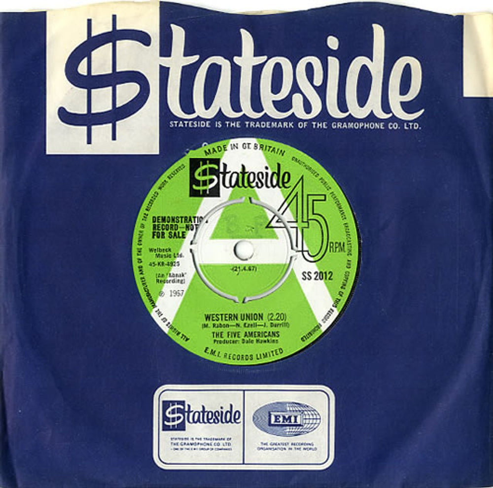 The Five Americans Western Union - A Label UK Promo 7" vinyl single (7 inch record / 45) SS2012