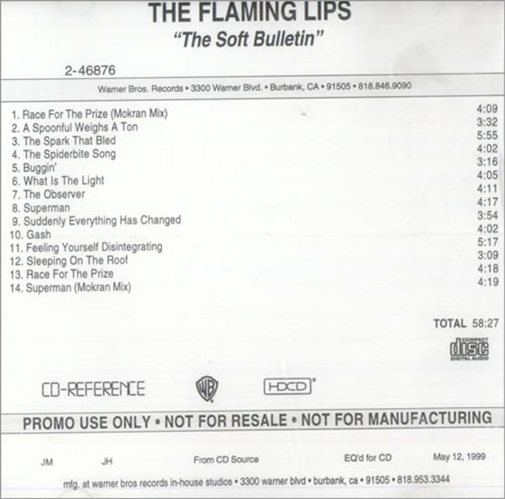 The Flaming Lips The Soft Bulletin US Promo CD-R acetate CD-R ACTATE