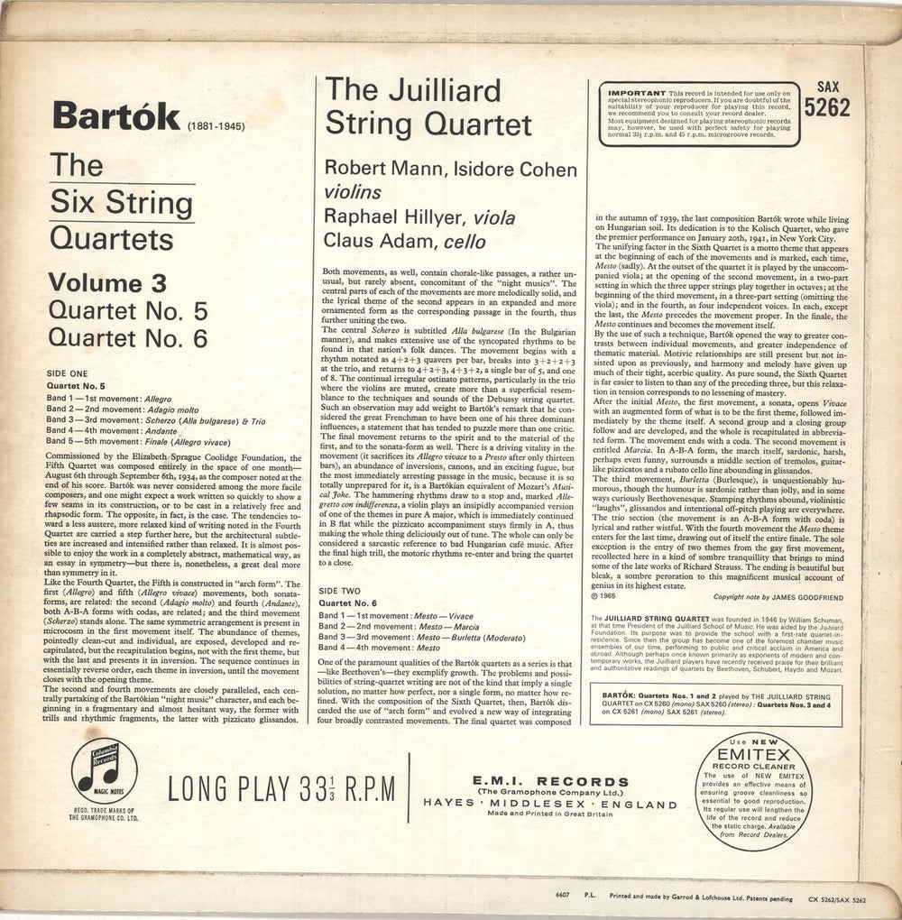 The Juilliard String Quartet Bartók: String Quartets Nos. 5 & 6 UK vinyl LP album (LP record) 3RXLPBA746881