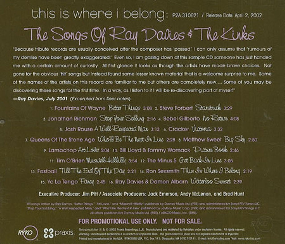 The Kinks This Is Where I Belong US Promo CD album (CDLP) P2A310621