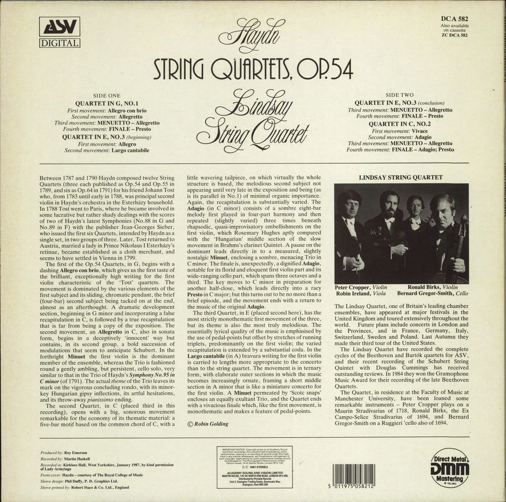 The Lindsay String Quartet Haydn: String Quartets, Op.54 UK vinyl LP album (LP record) 5011975058212