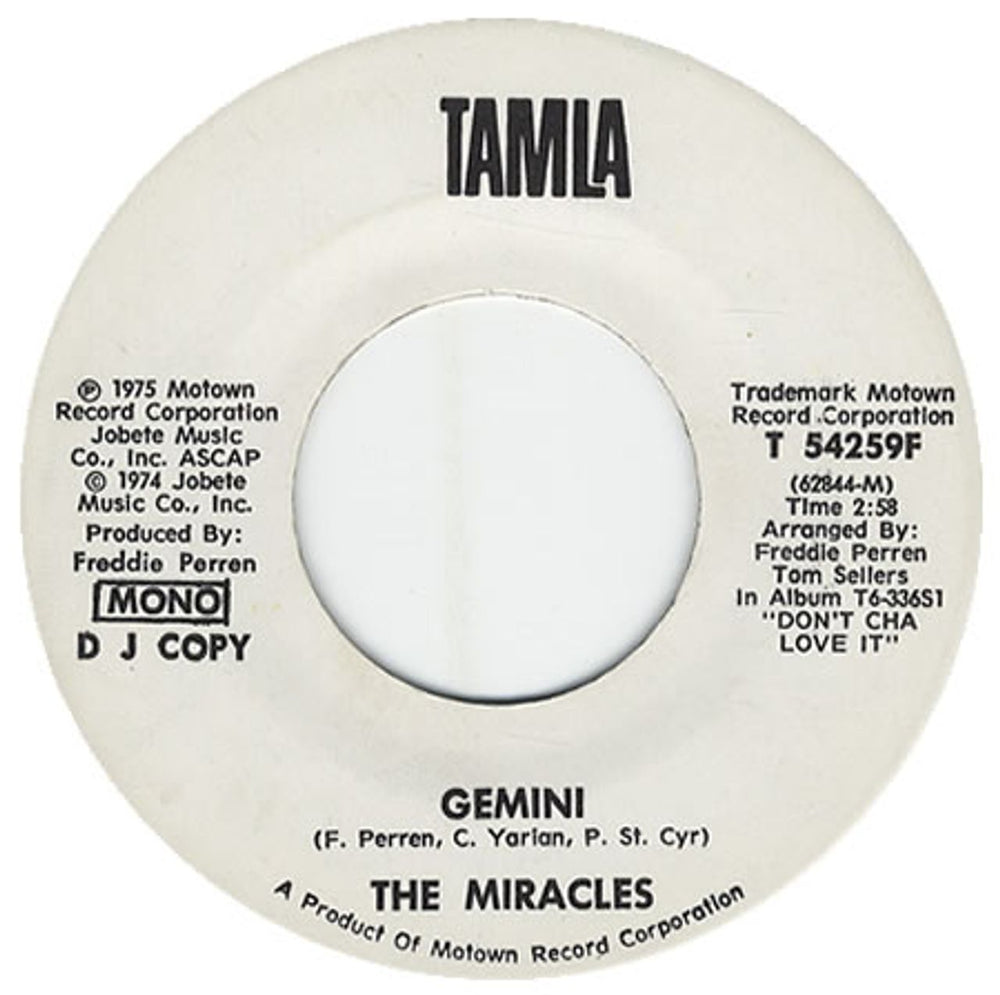 The Miracles Gemini US Promo 7" vinyl single (7 inch record / 45) T54259F