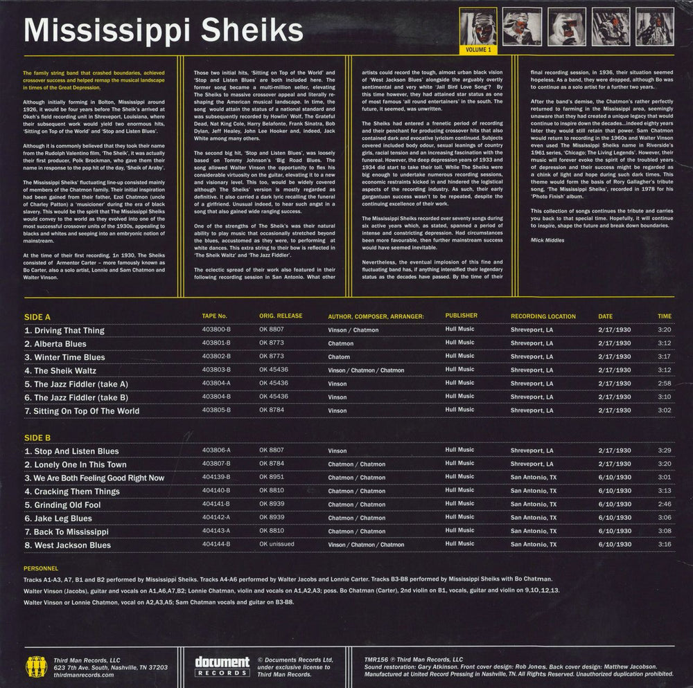 The Mississippi Sheiks The Mississippi Sheiks Volume 1 US vinyl LP album (LP record)