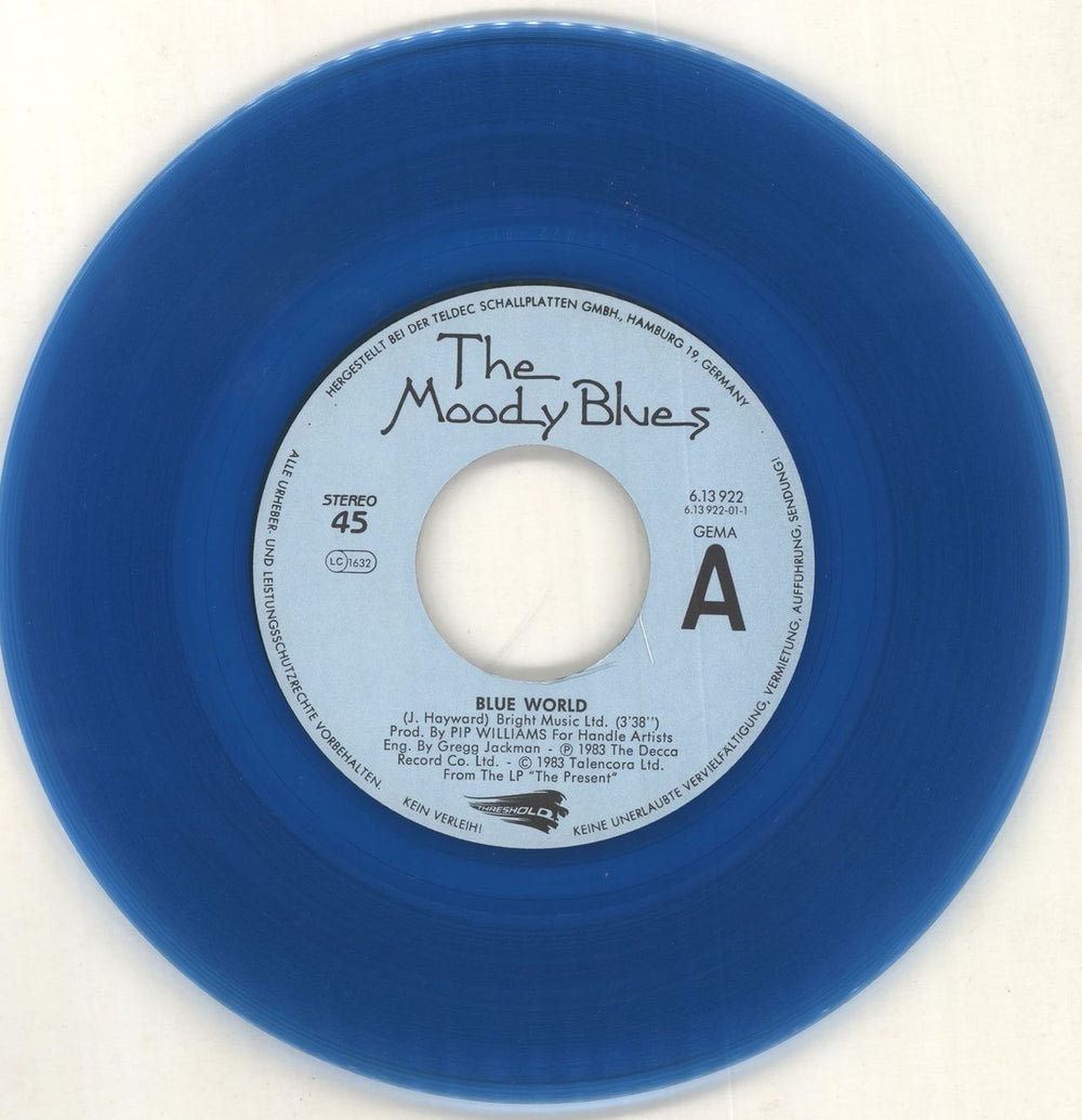 The Moody Blues Blue World - blue vinyl German 7" vinyl single (7 inch record / 45) MBL07BL166878