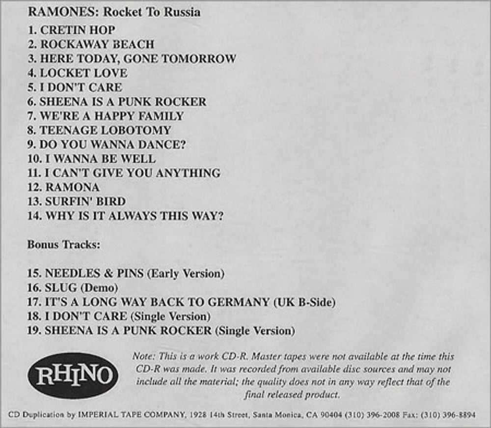 The Ramones Rocket To Russia Us Promo Cd R Acetate —