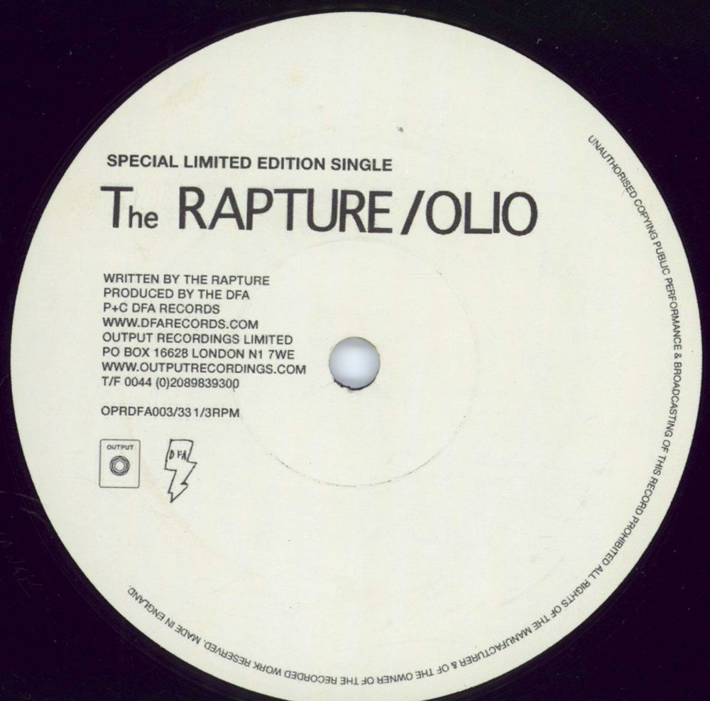 The Rapture Olio UK 12" vinyl single (12 inch record / Maxi-single) OPRDFA003