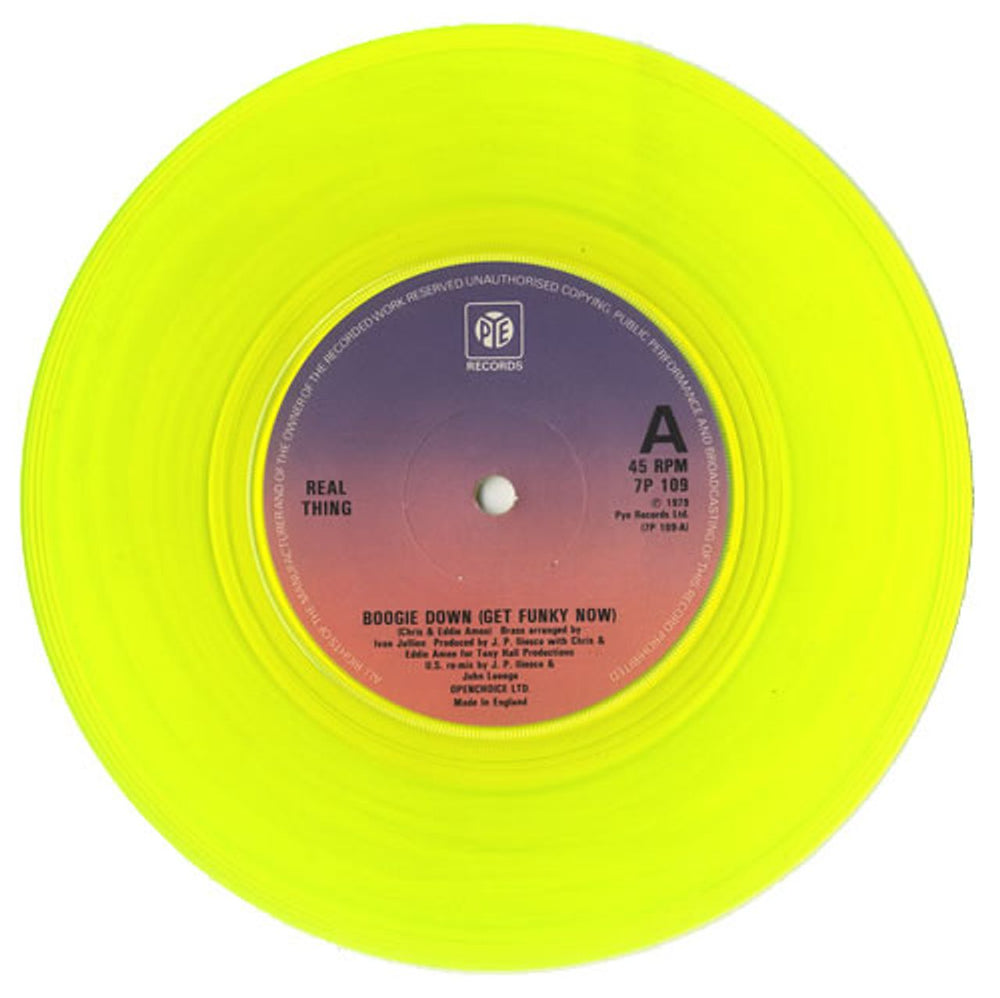 The Real Thing Boogie Down (Get Funky Now) - Yellow Vinyl UK 7" vinyl single (7 inch record / 45) TE007BO465369