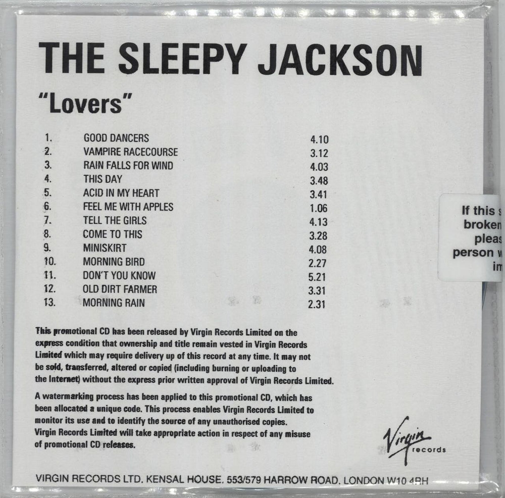 The Sleepy Jackson Lovers + Album Sampler UK Promo CD-R acetate