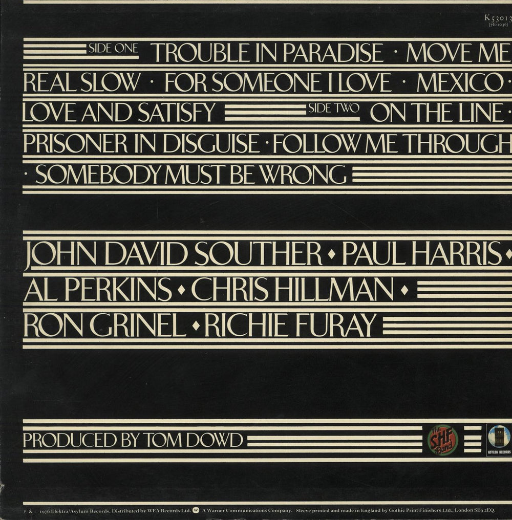 The Souther Hillman Furay Band Trouble In Paradise UK vinyl LP album (LP record)