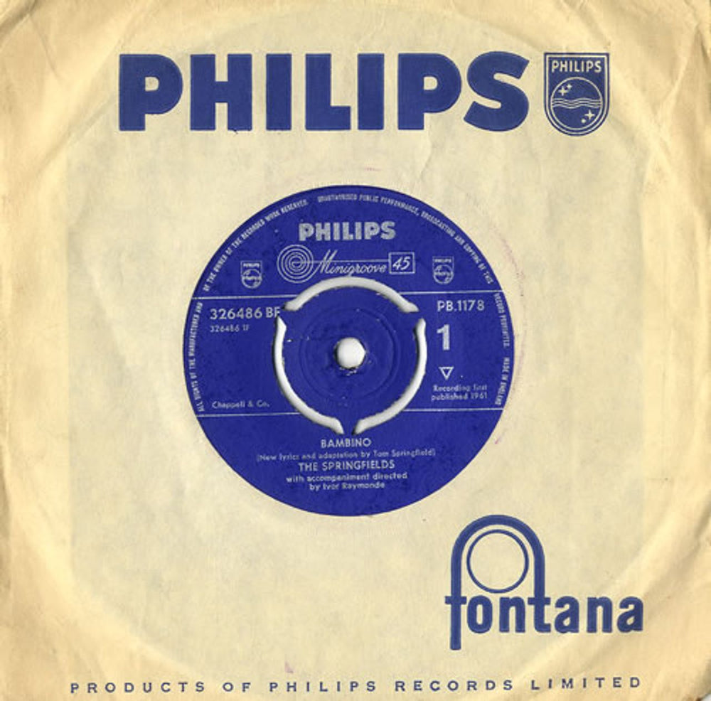 The Springfields (Folk) Bambino UK 7" vinyl single (7 inch record / 45) PB1178