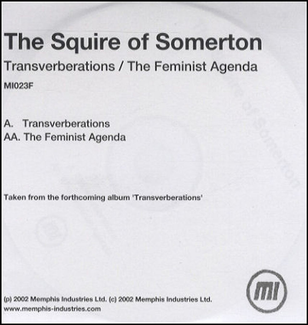 The Squire Of Somerton Transverberations/The Feminist Agenda UK Promo CD-R acetate CD-R ACETATE