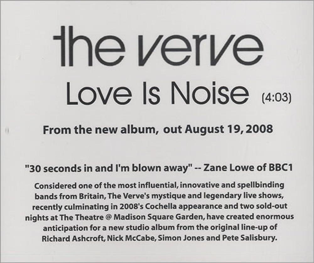 The Verve Love Is Noise US Promo CD-R acetate CD-R ACETATE