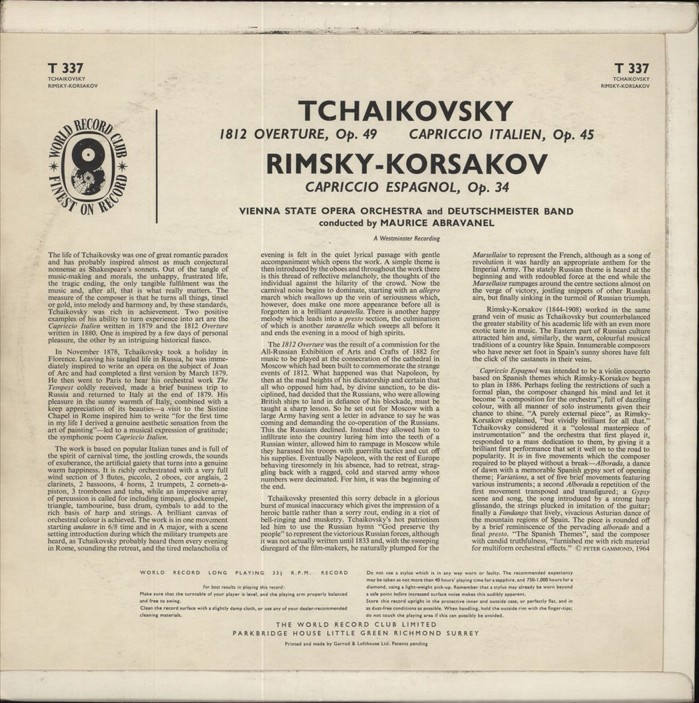 The Vienna State Orchestra Tchaikovsky: 1812 Overture / Capriccio Italien / Rimsky-Korsakov: Capriccio Espagnol UK vinyl LP album (LP record)