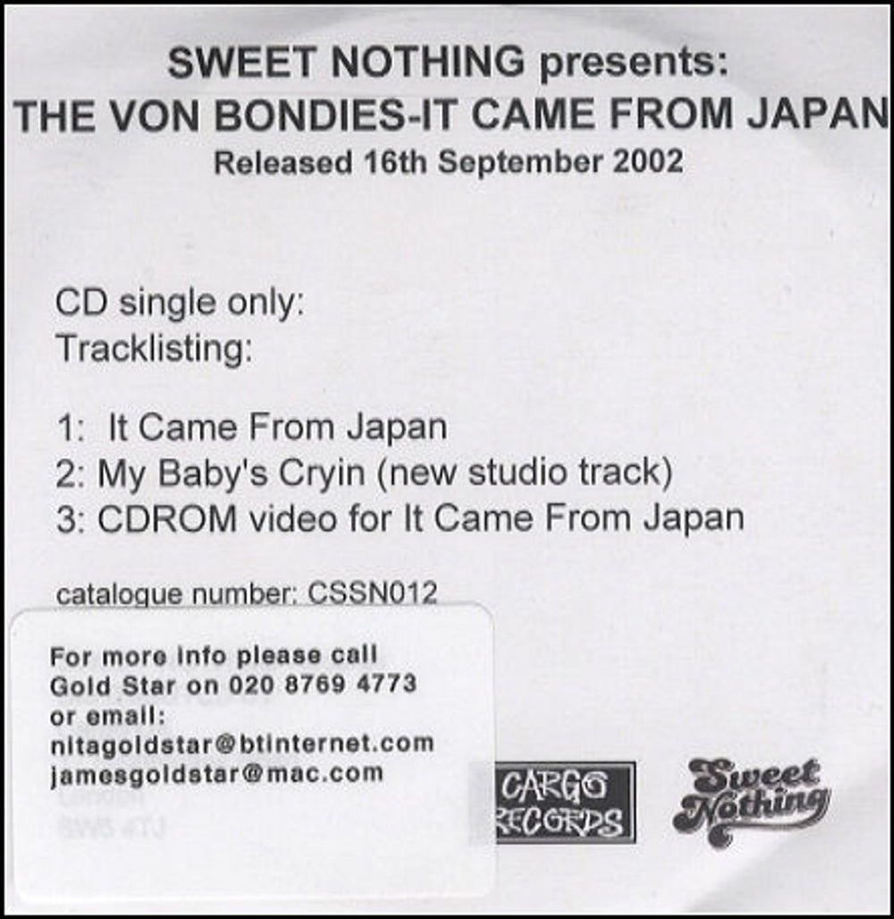 The Von Bondies It Came From Japan UK Promo CD-R acetate CD-R ACETATE