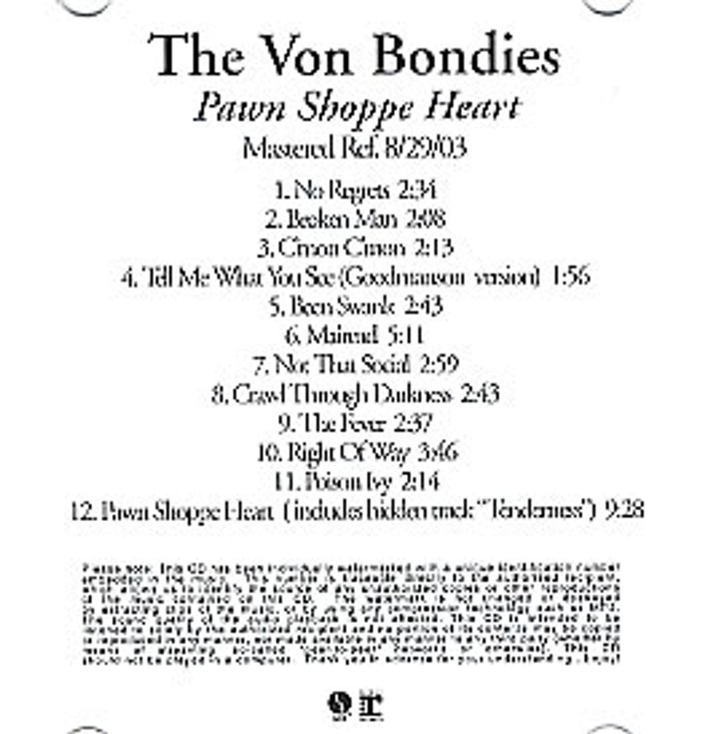 The Von Bondies Pawn Shoppe Heart US Promo CD-R acetate CDR ACETATE