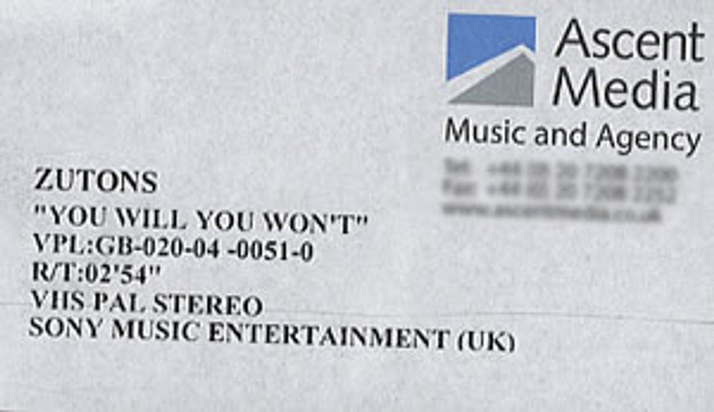 The Zutons You Will You Won't UK Promo video (VHS or PAL or NTSC) PROMO VIDEO