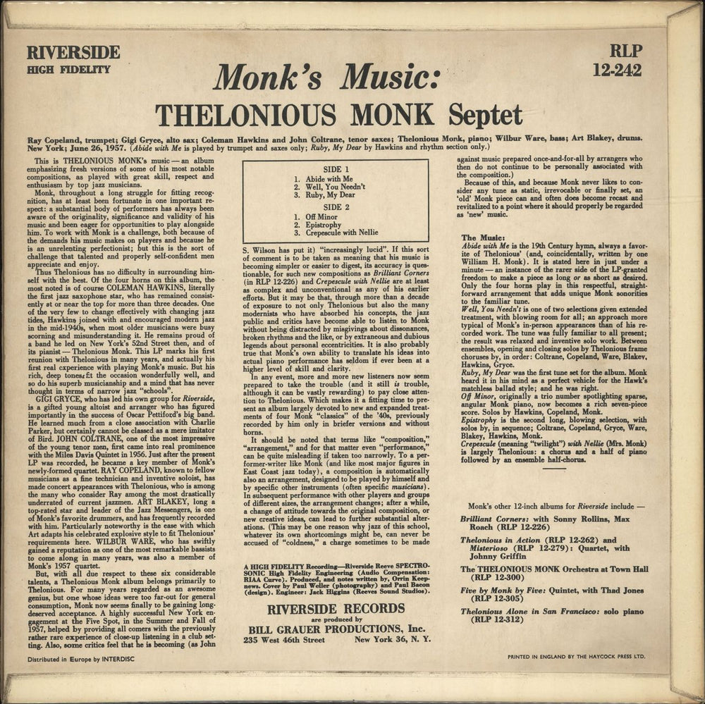 Thelonious Monk Monk's Music UK vinyl LP album (LP record)