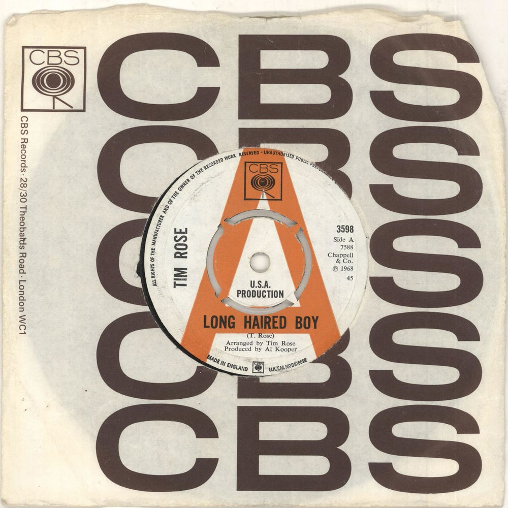 Tim Rose Long-Haired Boy - 'A' label UK Promo 7" vinyl single (7 inch record / 45) 3598