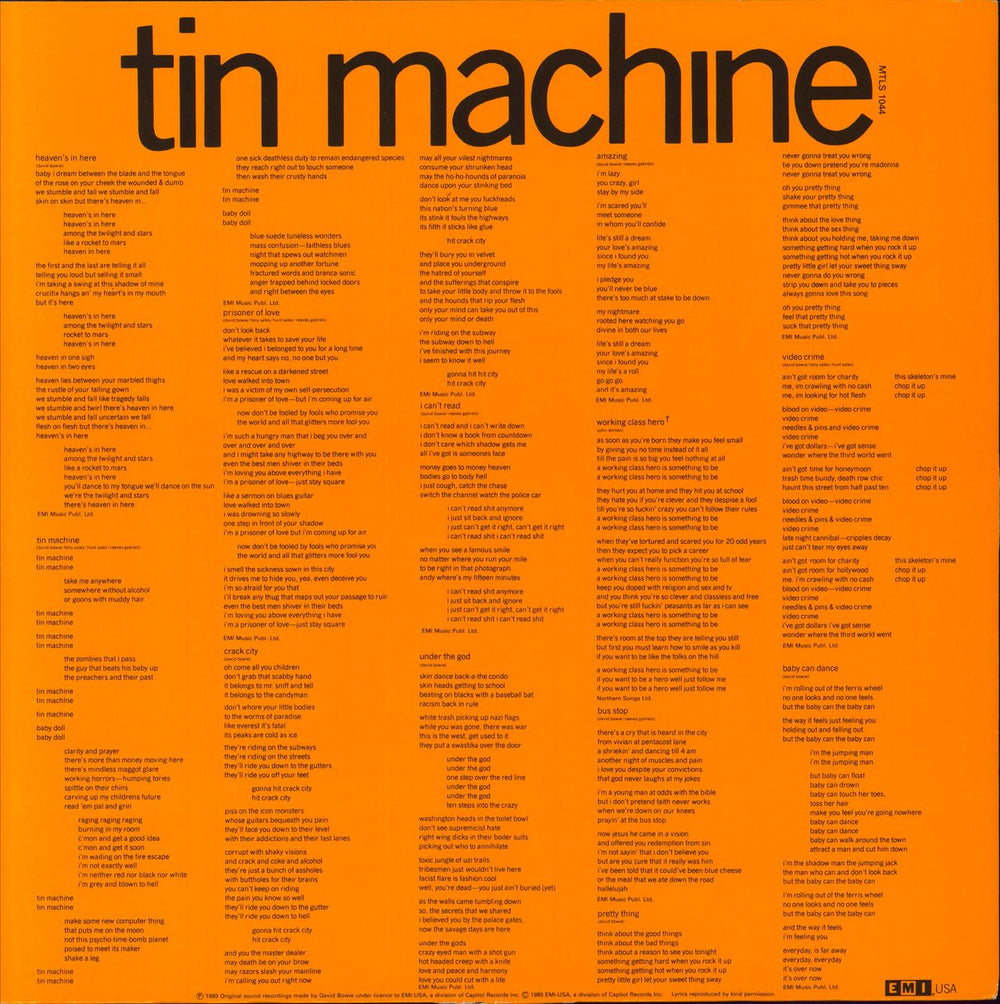 Tin Machine Tin Machine - Orange Inner - Shrink UK vinyl LP album (LP record)