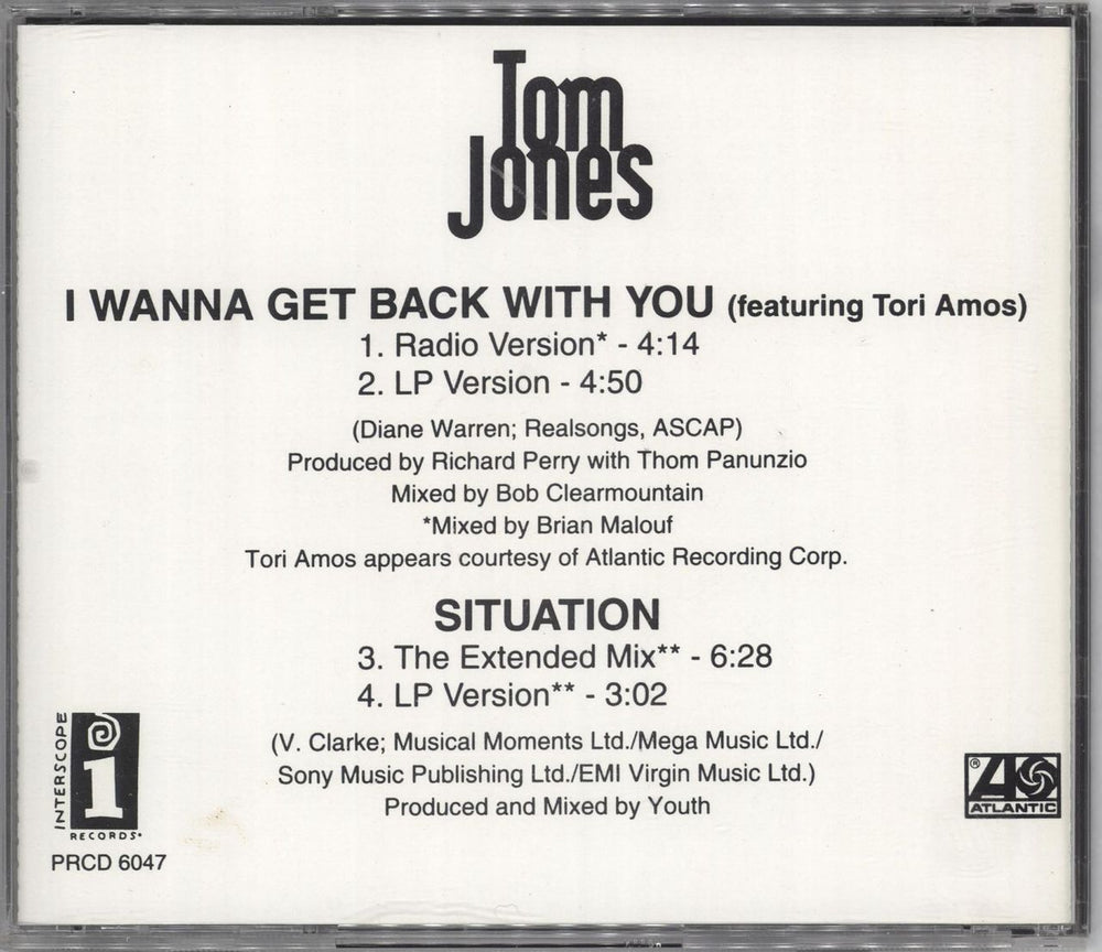 Tom Jones I Wanna Get Back With You US Promo CD single (CD5 / 5") TJOC5IW42081