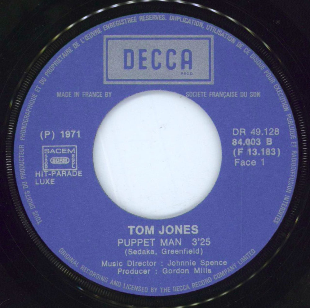 Tom Jones Puppet Man French 7" vinyl single (7 inch record / 45) TJO07PU802119