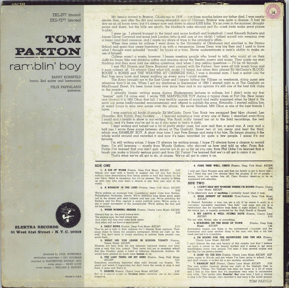 Tom Paxton Ramblin' Boy - 1st US vinyl LP album (LP record)