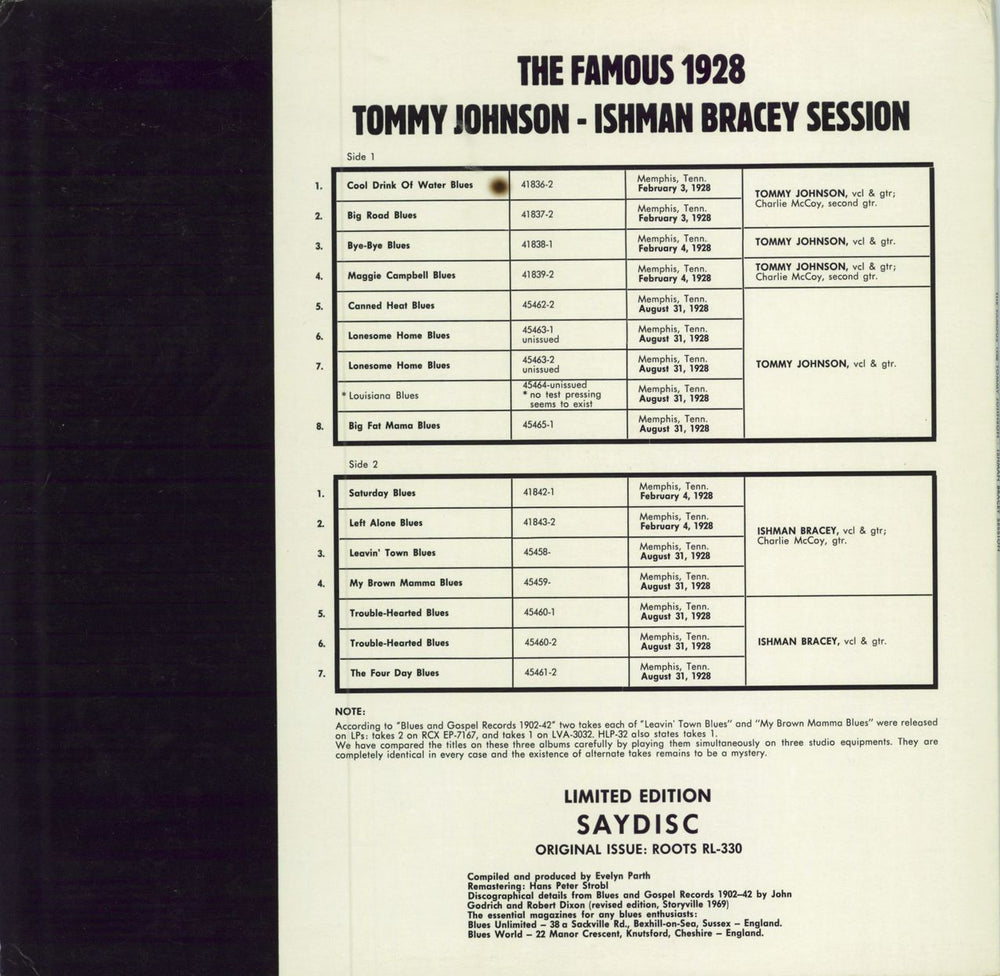 Tommy Johnson The Famous 1928 Session Austrian vinyl LP album (LP record)