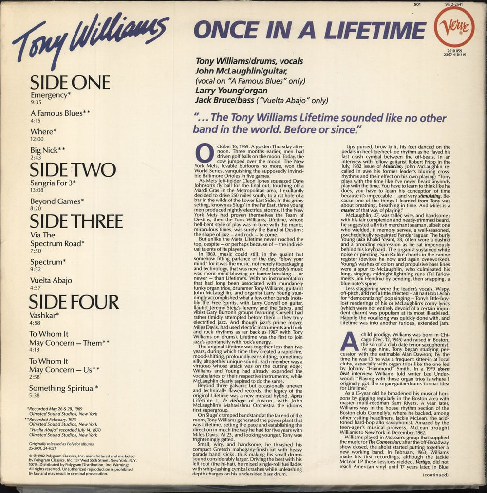 Tony Williams (Jazz) Once In A Lifetime UK 2-LP vinyl record set (Double LP Album)