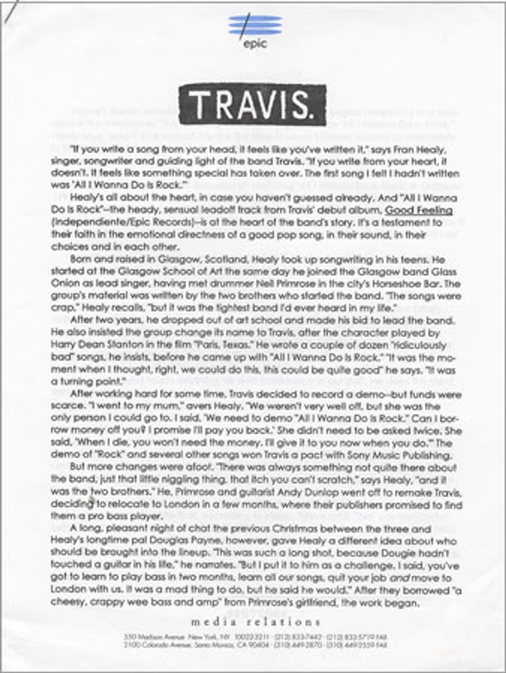 Travis (90s) Good Feeling US Promo media press pack PRESS PACK