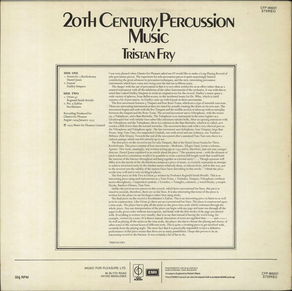 Tristan Fry 20th Century Percussion Music UK vinyl LP album (LP record)