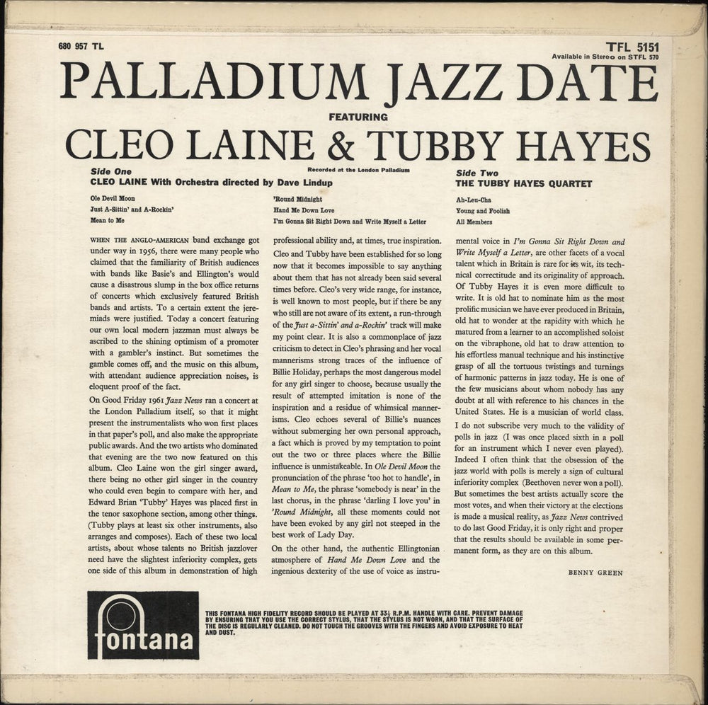 Tubby Hayes Palladium Jazz Date UK vinyl LP album (LP record)