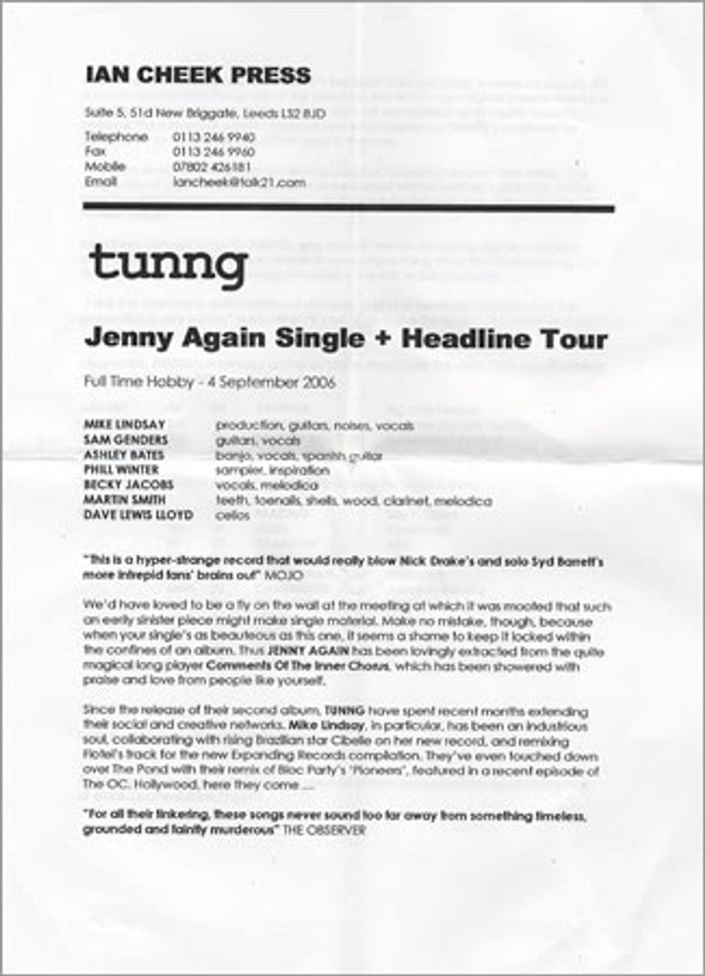 Tunng Jenny Again UK Promo CD single (CD5 / 5") TUGC5JE381123