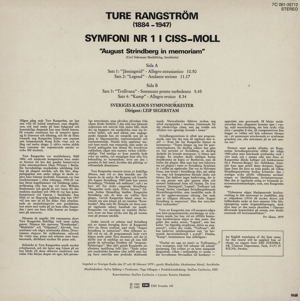 Ture Rangström Symfoni Nr 1 I Ciss-Moll "August Strindberg In Memoriam" Swedish vinyl LP album (LP record)