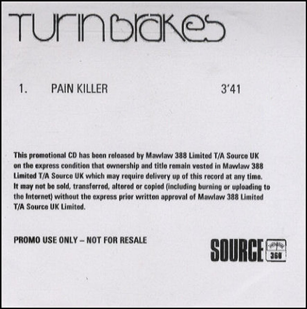 Turin Brakes Pain Killer UK Promo CD-R acetate CD-R ACETATE