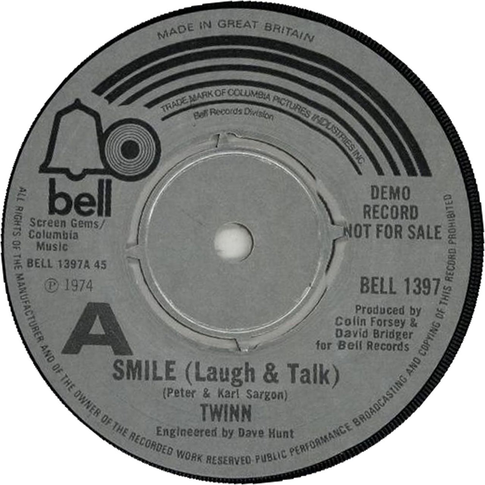 Twinn Smile (Laugh & Talk) - A-label UK Promo 7" vinyl single (7 inch record / 45) BELL1397