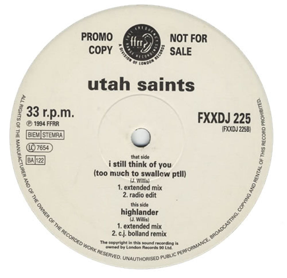 Utah Saints I Still Think Of You (Too Much To Swallow Pt. II) UK Promo 12" vinyl single (12 inch record / Maxi-single) FXXDJ225