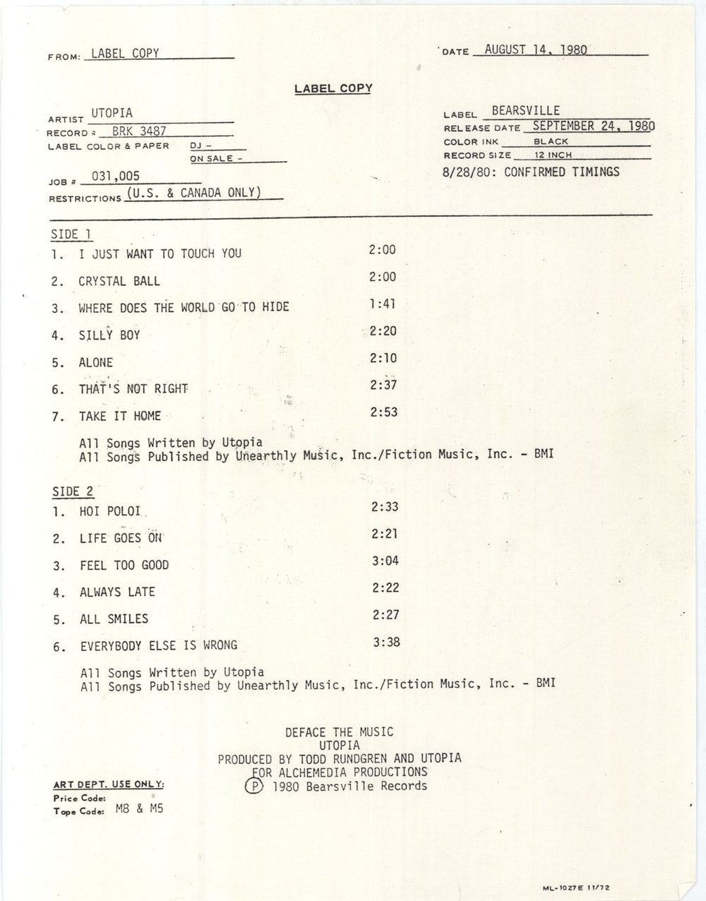 Utopia (US) Deface The Music - Test Pressing + Label Copy Sheet US vinyl LP album (LP record) BRK3487