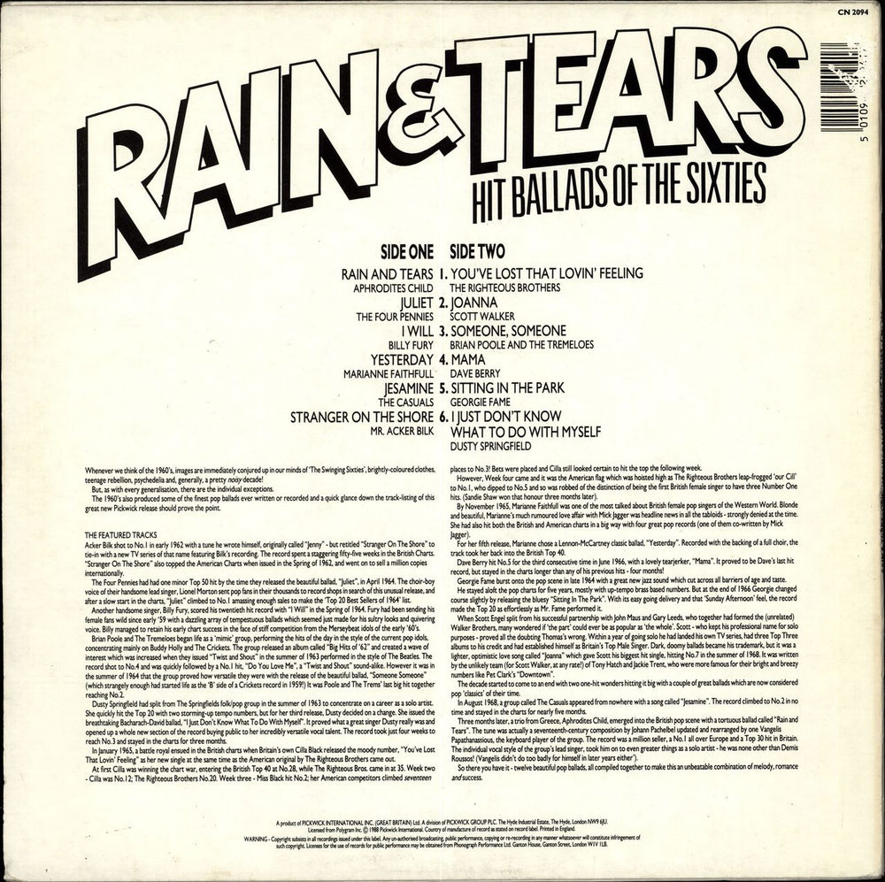 Various-60s & 70s Rain & Tears: Hit Ballads Of The Sixties UK vinyl LP album (LP record) 5010946209417