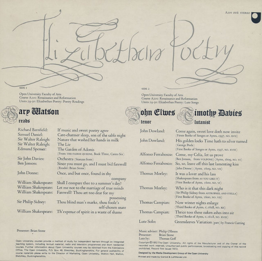 Various-Educational, Informational & Historical Elizabethan Poetry And Lute Song UK vinyl LP album (LP record)
