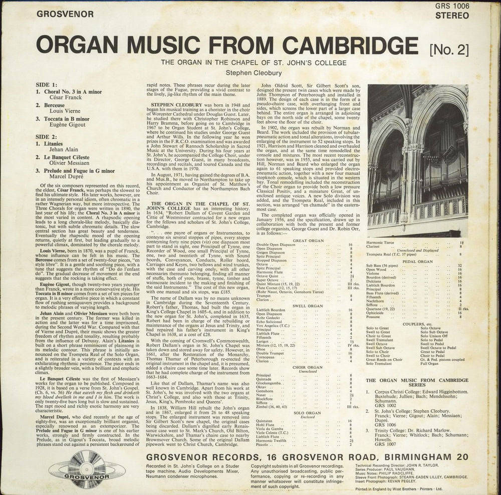 Various-Organs Organ Music From Cambridge UK vinyl LP album (LP record)