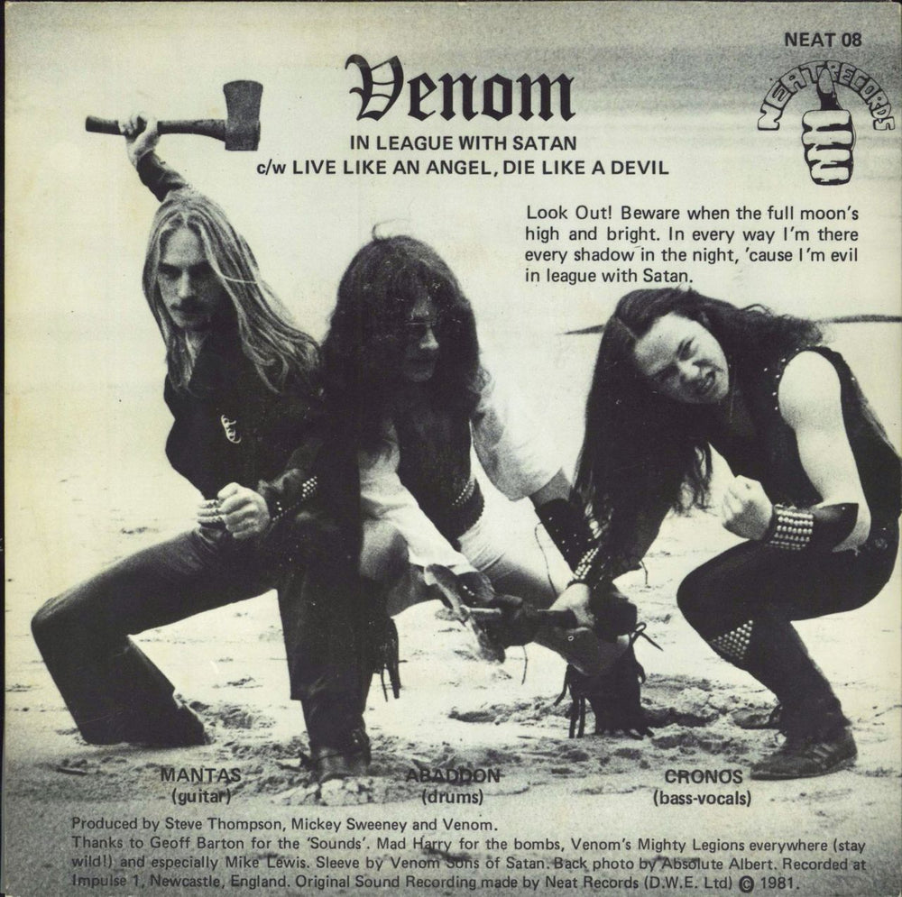 Venom In League With Satan - White & Silver label - VG UK 7" vinyl single (7 inch record / 45)