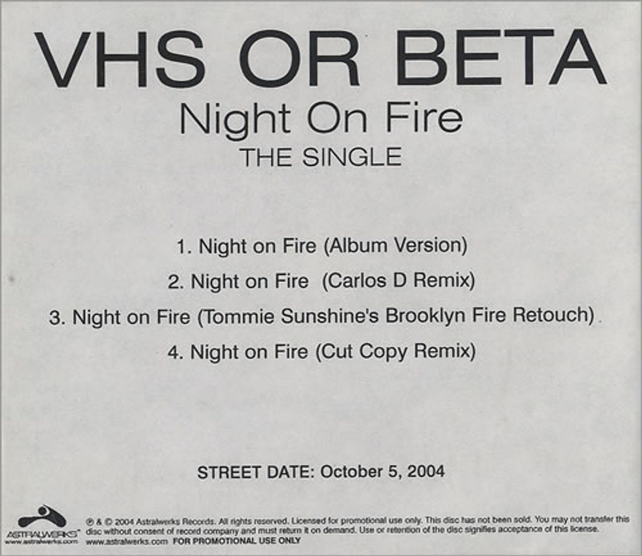 Vhs Or Beta Band Night On Fire The Single Us Promo Cd R Acetate