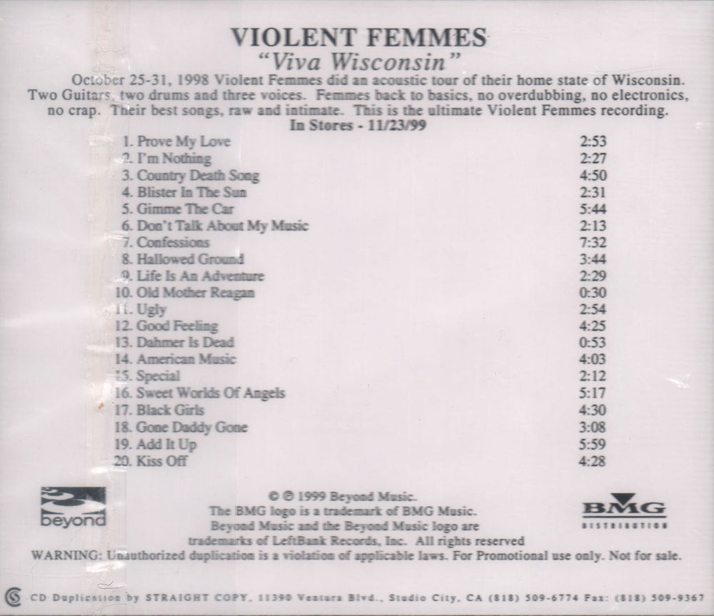 Violent Femmes Viva Wisconsin US Promo CD-R acetate CDR