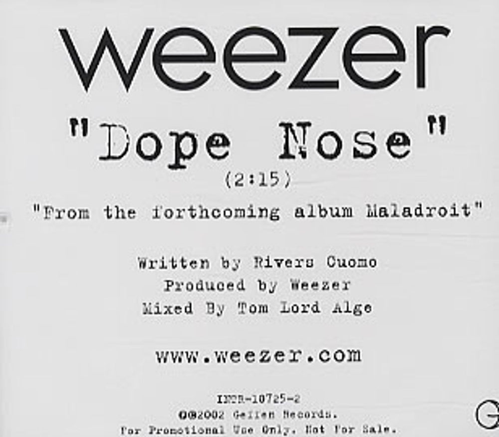 Weezer Dope Nose US Promo CD single (CD5 / 5") INTR-10725-2