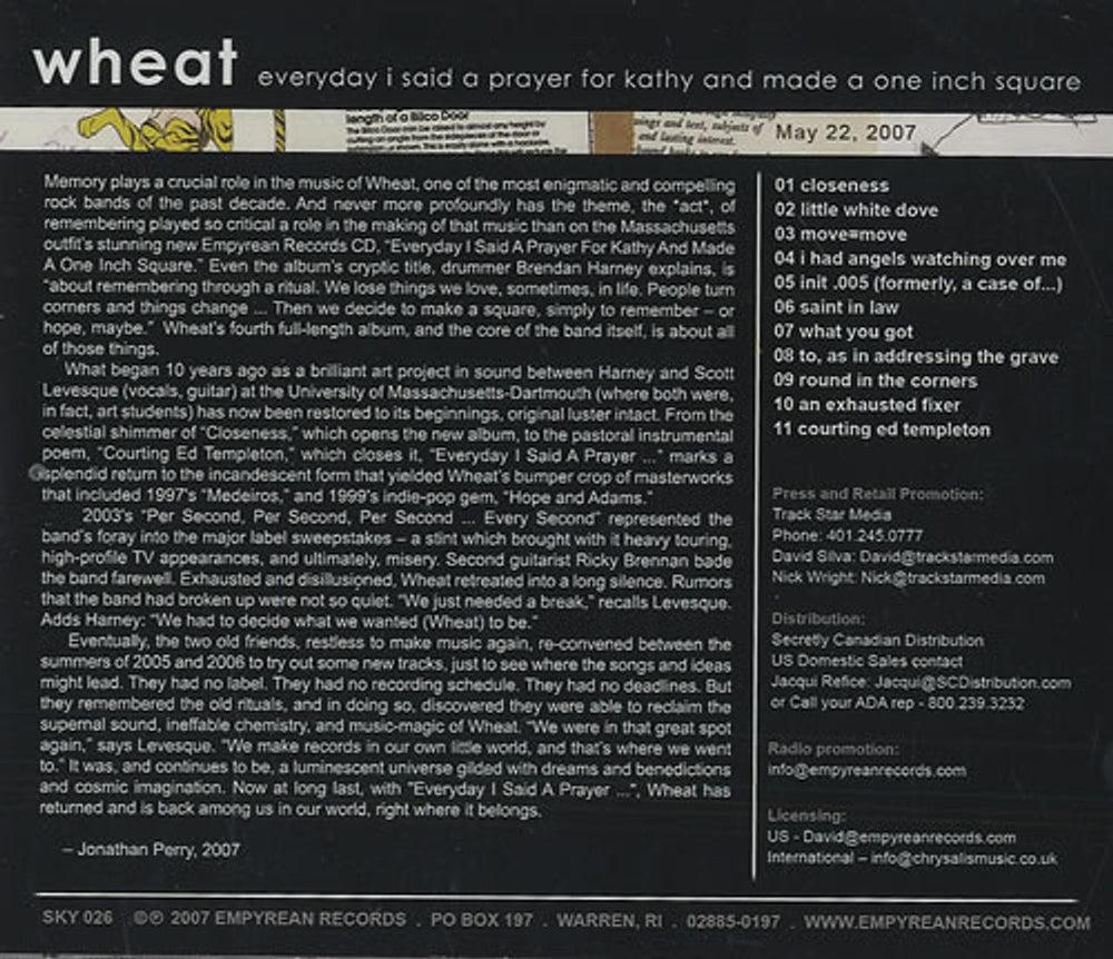 Wheat Everyday I Said A Prayer For Kathy And Made A One Inch Squar US Promo CD album (CDLP) WH3CDEV436773