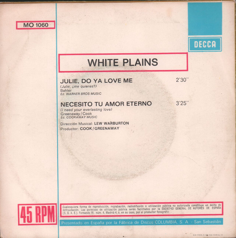 White Plains Julie Me Quieres Spanish Promo 7" vinyl single (7 inch record / 45) 5WP07JU674341