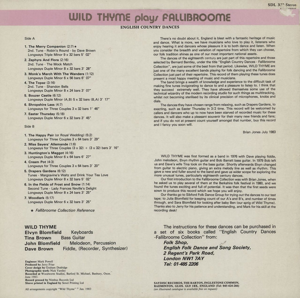 Wild Thyme Plays Fallibroome (English Country Dances) UK vinyl LP album (LP record)